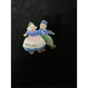 Vintage figural enamel brass pen, Dutch boy and girl, Holland, 1x1 1/8